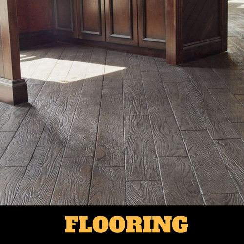 Interior floor stamped in a slate gray wood grain in downtown Kalamazoo, Michigan.