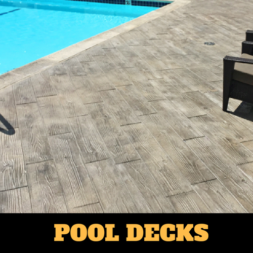 Kalamazoo stamped concrete pool surround with a wood grain finish.