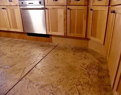 Kitchen in Kalamazoo, Michigan with stamped and stained concrete floors.