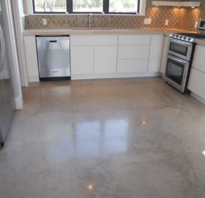 Polished concrete in a kitchen in Portage, Michigan.