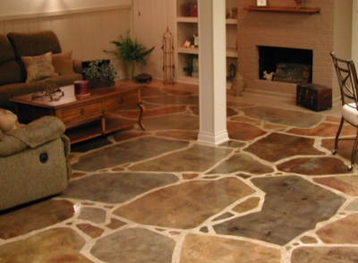 Basement stamped concrete floors with sealer.